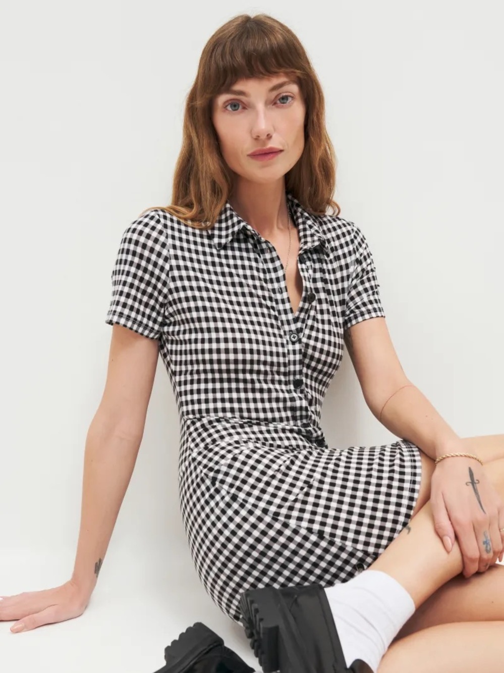 Reformation Black & White Gingham Shirt Mini Dress